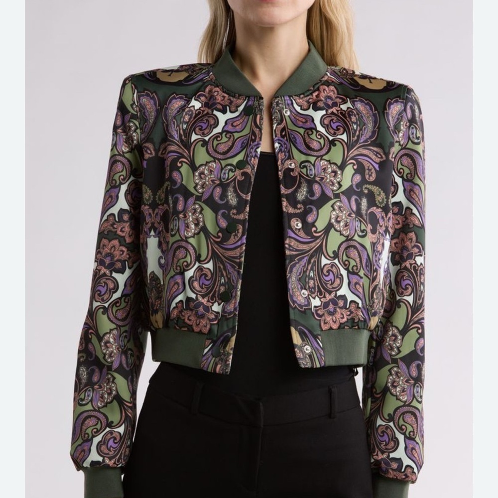 Tahari Green and Purple Bomber Jacket with Paisley Print